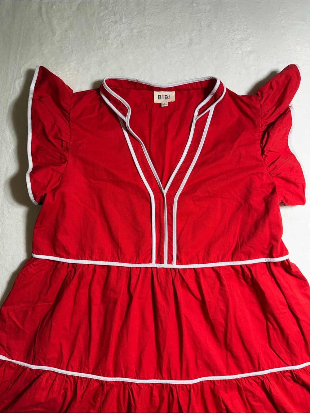 BiBi Cherry Red Tiered Cotton Dress with White Piping Trim - Picture 3 of 8